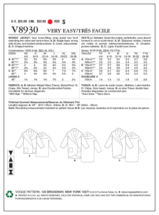 Vogue Pattern 8930 Misses' Jacket from Jaycotts Sewing Supplies