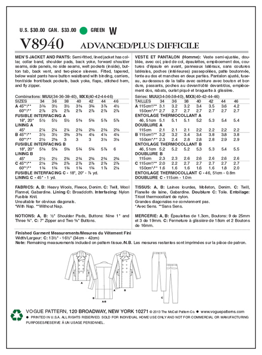 Vogue 8940 Men's Jacket and Trousers Pattern from Jaycotts Sewing Supplies