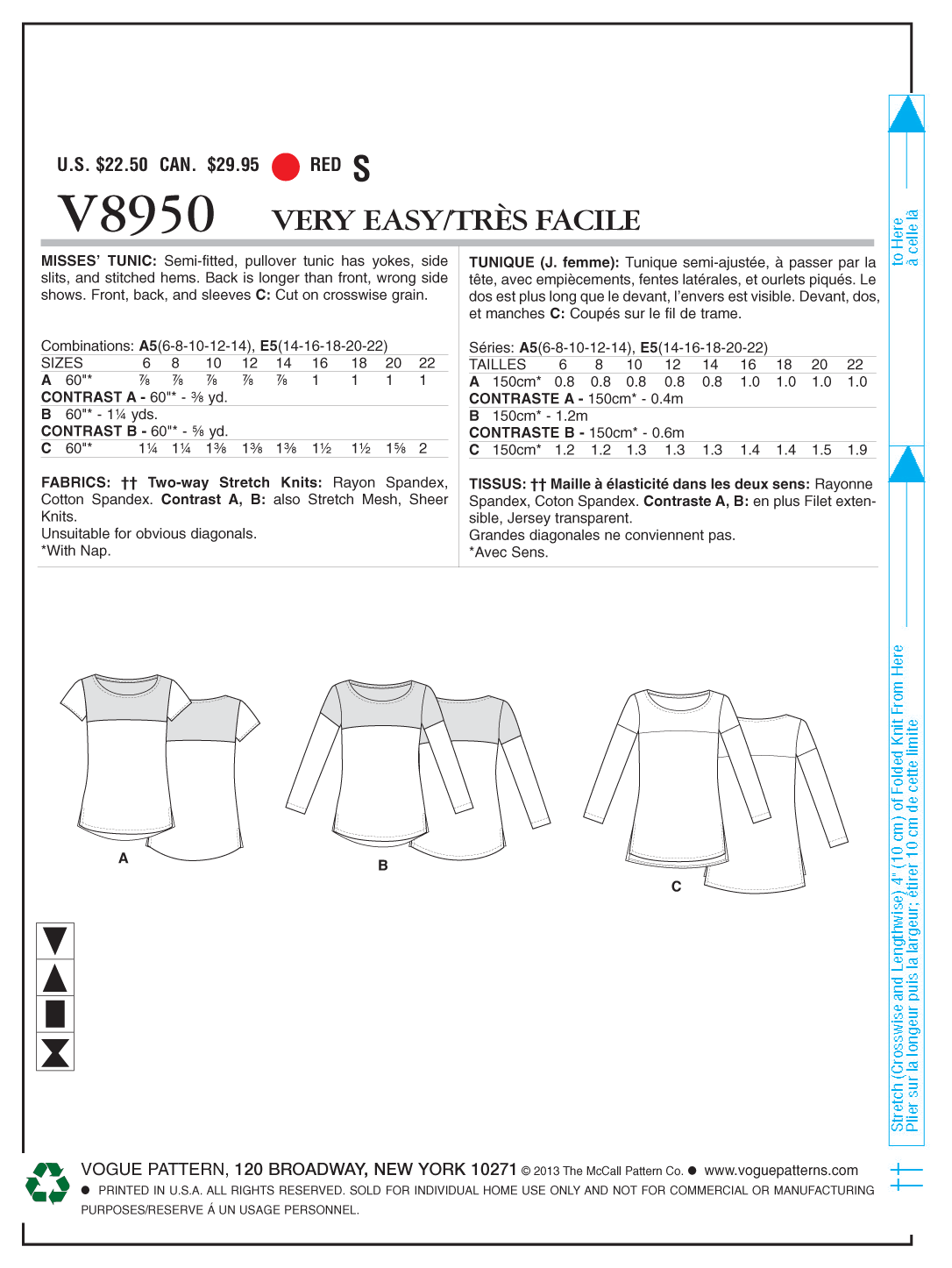 Vogue Pattern 8950  Misses' Tunic | Very Easy from Jaycotts Sewing Supplies