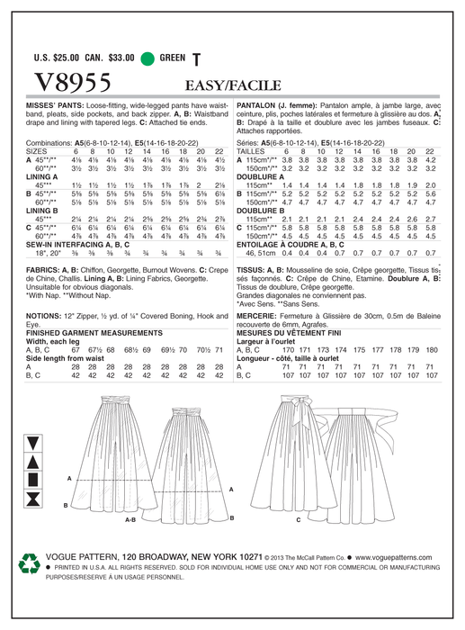 Vogue Pattern 8955  Misses' Pants | Easy from Jaycotts Sewing Supplies