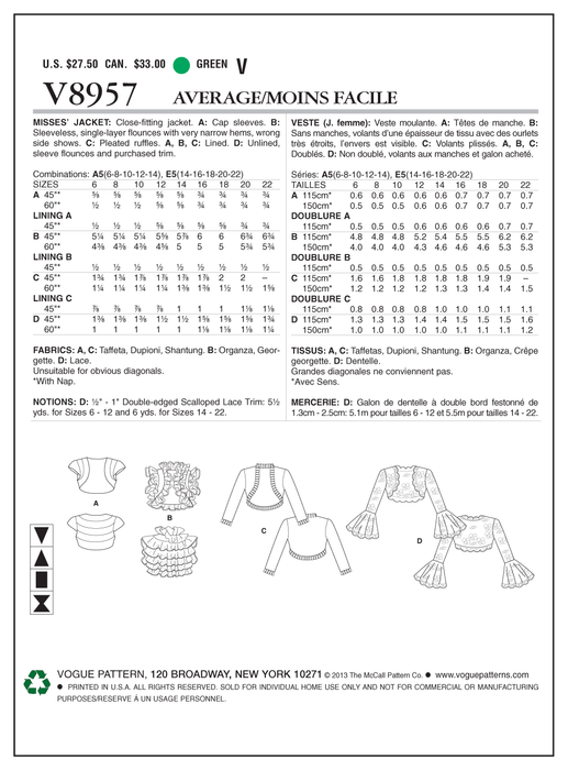 Vogue Pattern 8957 Misses' Jacket | Average from Jaycotts Sewing Supplies