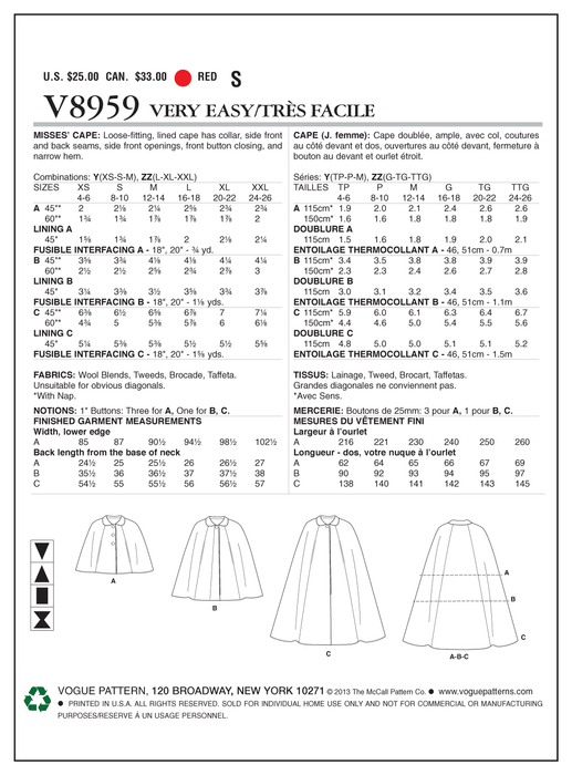 Vogue Pattern 8959 Misses' Cape | Very Easy from Jaycotts Sewing Supplies