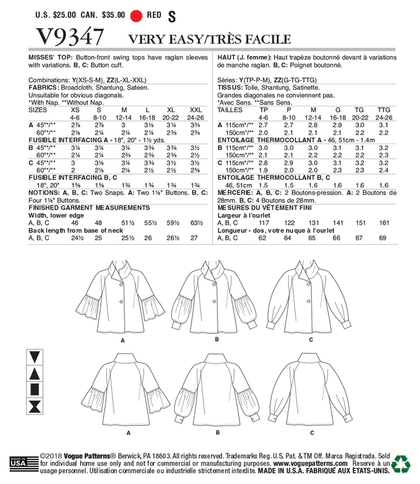 Vogue Pattern 9347 Easy Sew Misses' Tops from Jaycotts Sewing Supplies