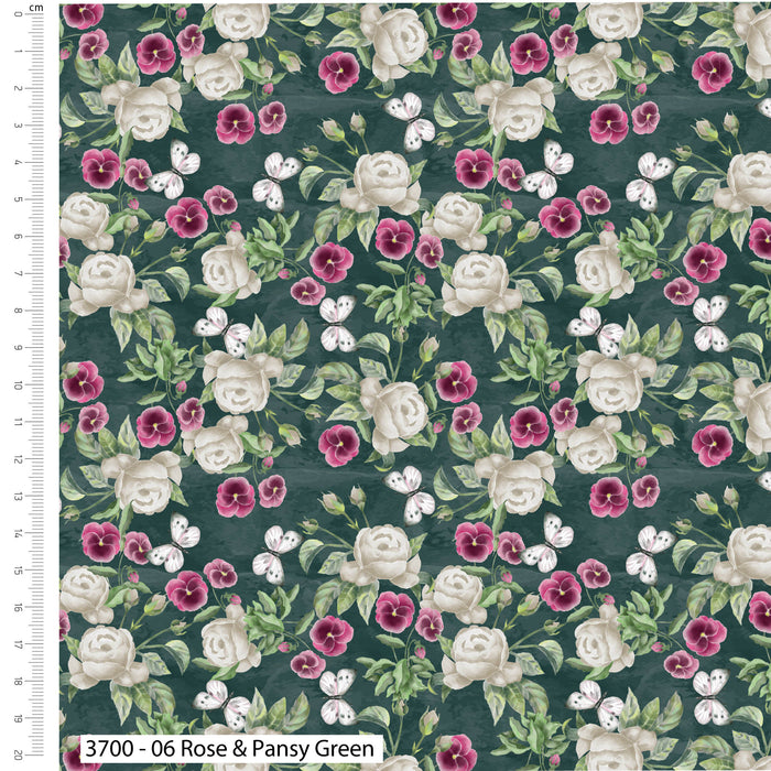 Woodland Wanderers Organic Cotton Fabric, Rose & Pansy Green from Jaycotts Sewing Supplies