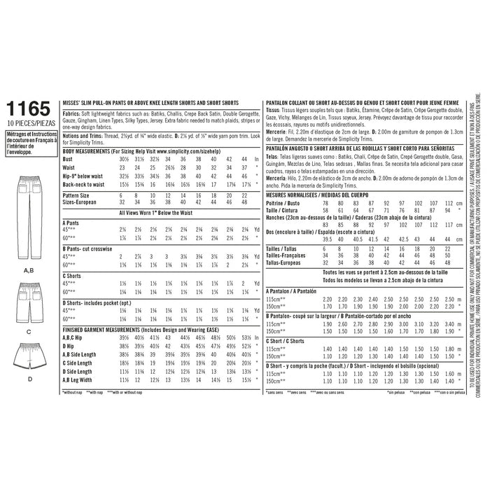 Simplicity Pattern 1165 Misses' Pull-on Pants, Long or Short Shorts from Jaycotts Sewing Supplies