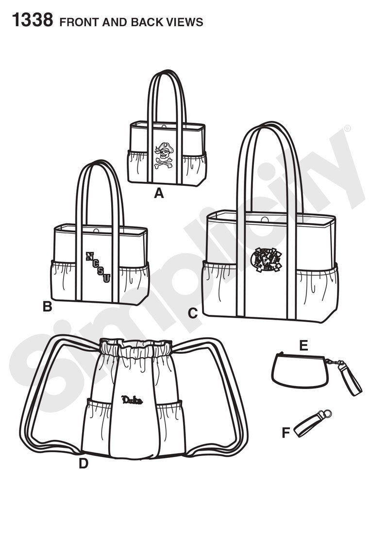 Simplicity Pattern 1338 Tote Bags in 3 Sizes, Backpack & Coin Purse from Jaycotts Sewing Supplies