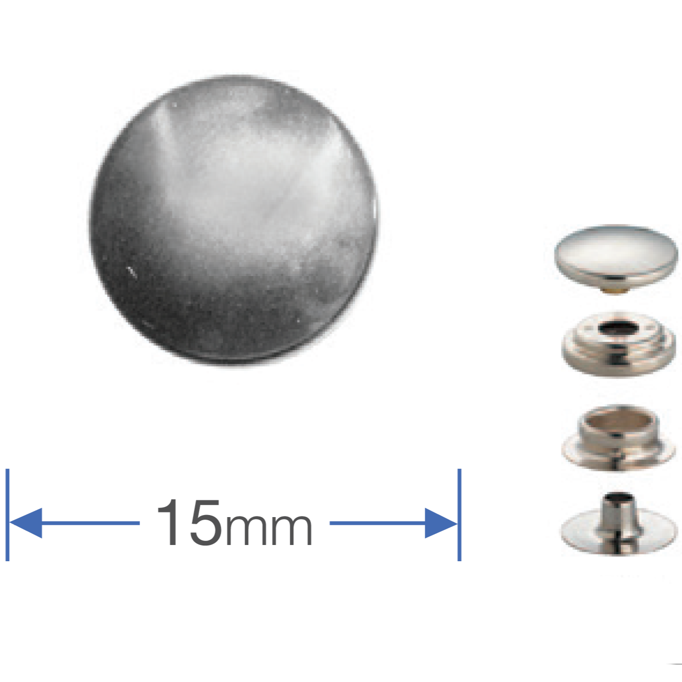 Dimensions of 390241 Silver Press Studs Silver 15mm: PACK OF 100 from Jaycotts Sewing Supplies