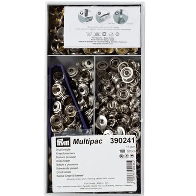 Prym 390241 Pack of 100 Silver Press Fasteners 15mm from Jaycotts Sewing Supplies