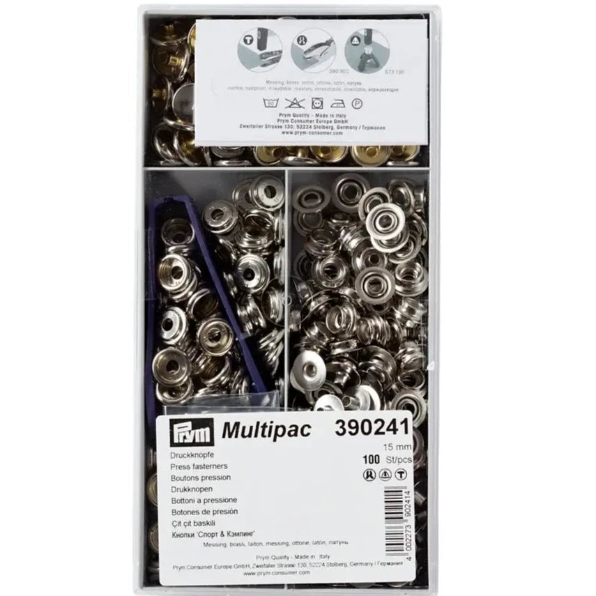 Prym 390241 Pack of 100 Silver Press Fasteners 15mm from Jaycotts Sewing Supplies