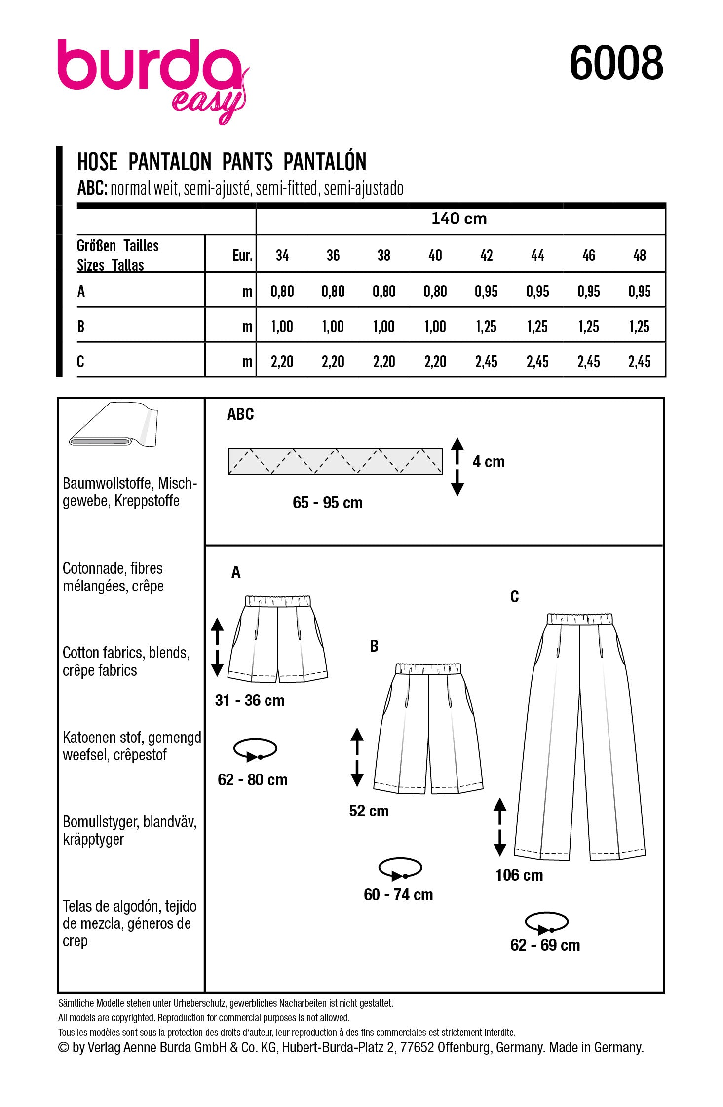 Burda Style Pattern 6008 EASY Trousers/Pants from Jaycotts Sewing Supplies