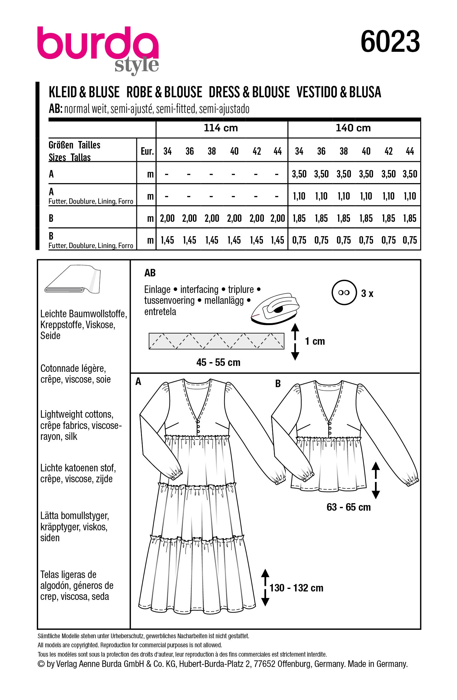Burda Style Pattern 6023 Ladies Outerwear Dress / Blouse from Jaycotts Sewing Supplies