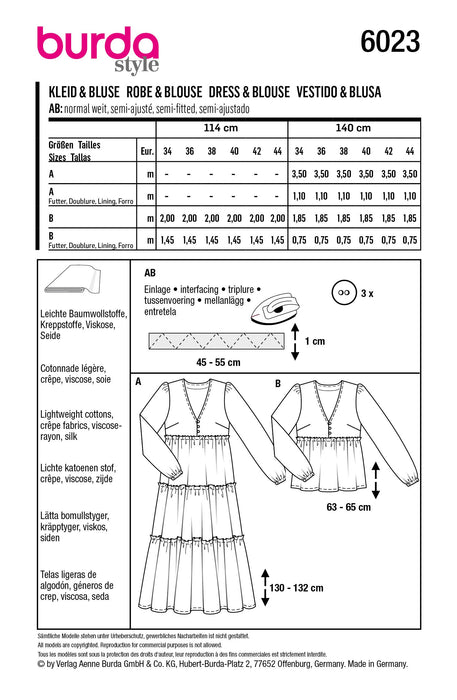 Burda Style Pattern 6023 Ladies Outerwear Dress / Blouse from Jaycotts Sewing Supplies