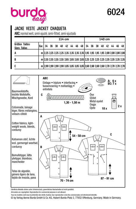 Burda Style Pattern 6024 EASY Jacket from Jaycotts Sewing Supplies