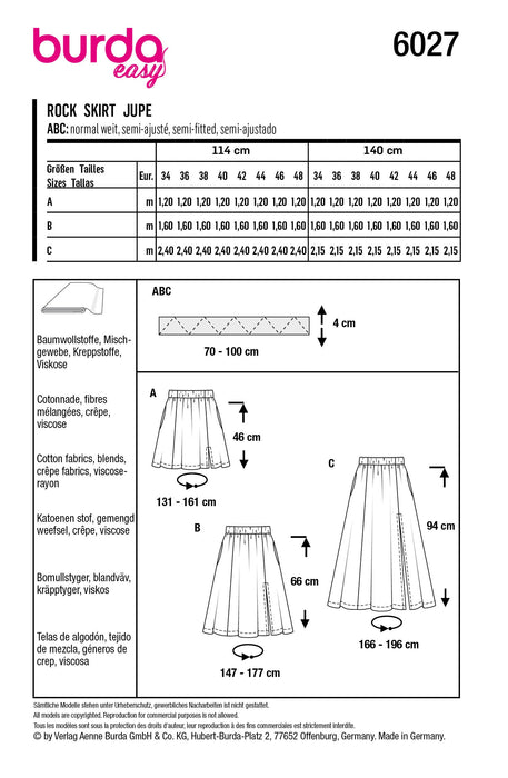 Burda Style Pattern 6027 EASY Skirt from Jaycotts Sewing Supplies