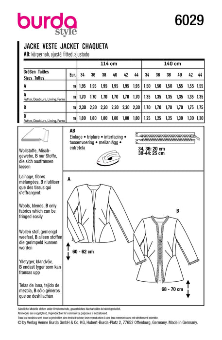 Burda Style Pattern 6029 Ladies Outerwear Jacket from Jaycotts Sewing Supplies