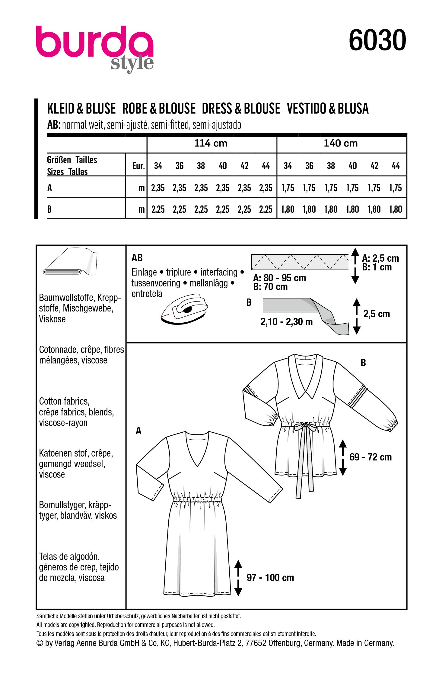Burda Style Pattern 6030 Ladies Outerwear Dress / Blouse from Jaycotts Sewing Supplies
