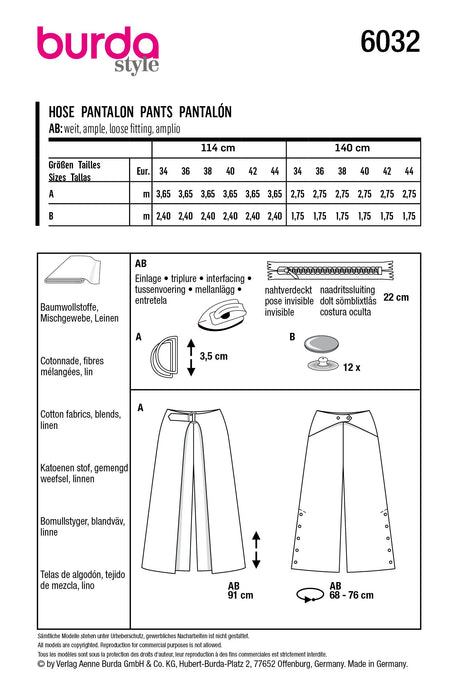 Burda Style Pattern 6032 Ladies Outerwear Trousers/Pants from Jaycotts Sewing Supplies