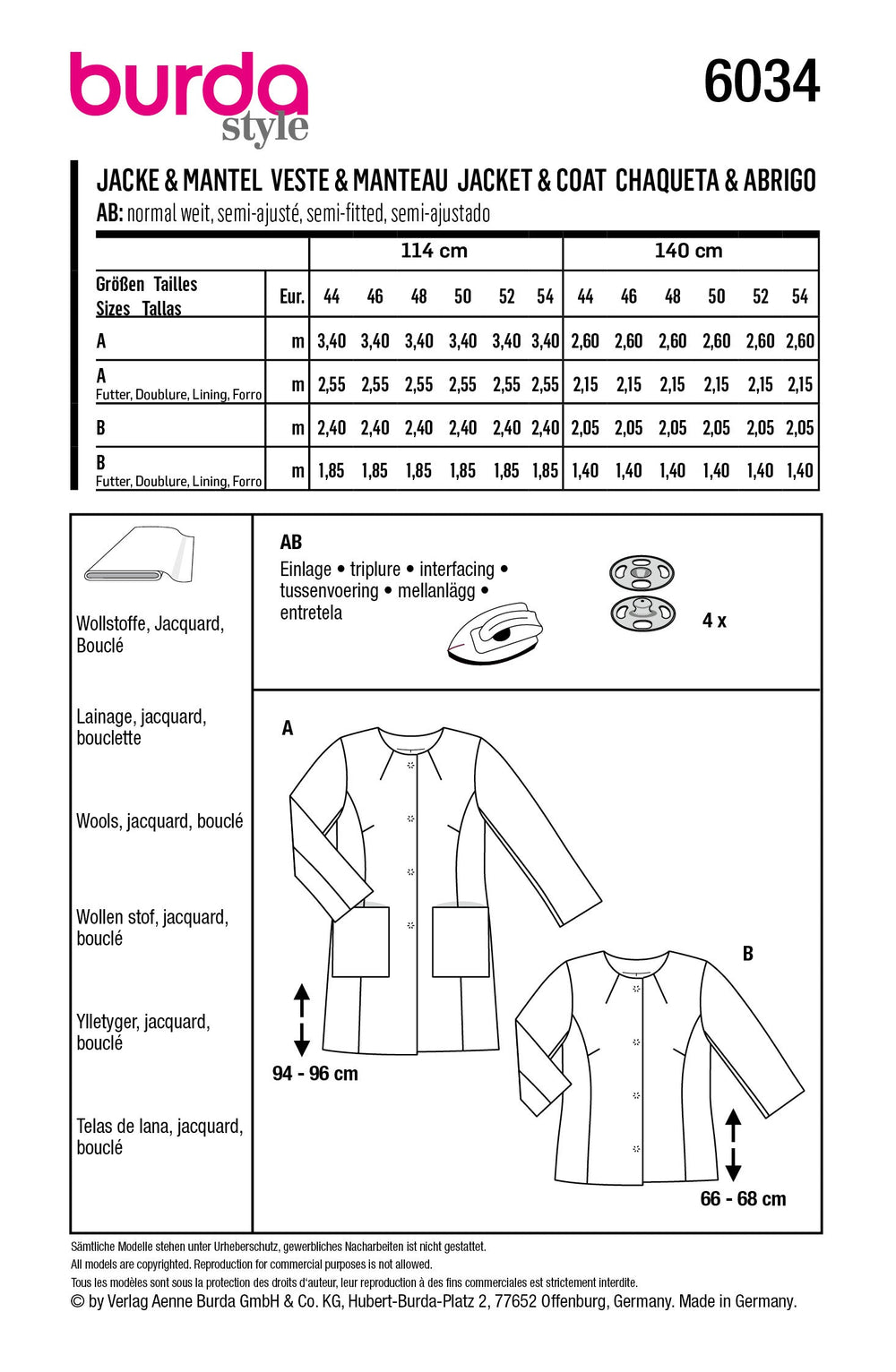 Burda Style Pattern 6034 Plus Coat / Jacket from Jaycotts Sewing Supplies