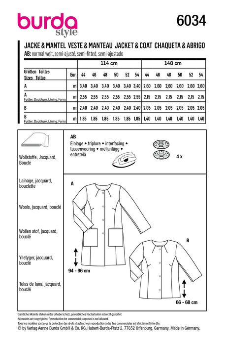 Burda Style Pattern 6034 Plus Coat / Jacket from Jaycotts Sewing Supplies