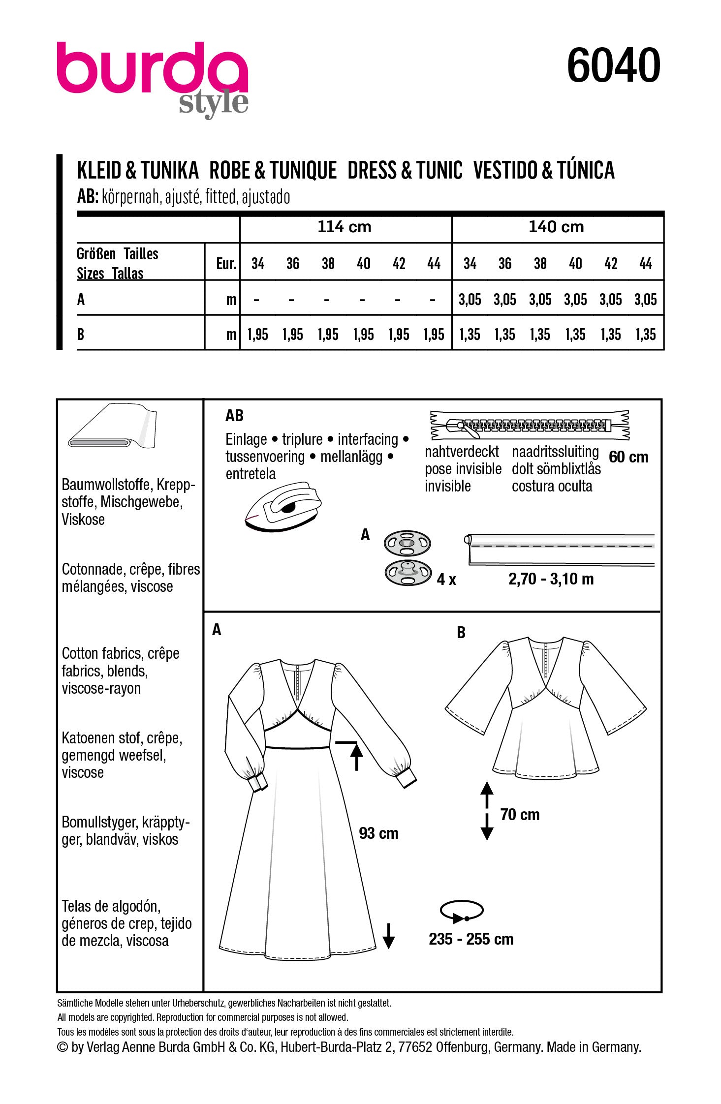 Burda Style Pattern 6040 Ladies Outerwear Dress / Blouse from Jaycotts Sewing Supplies
