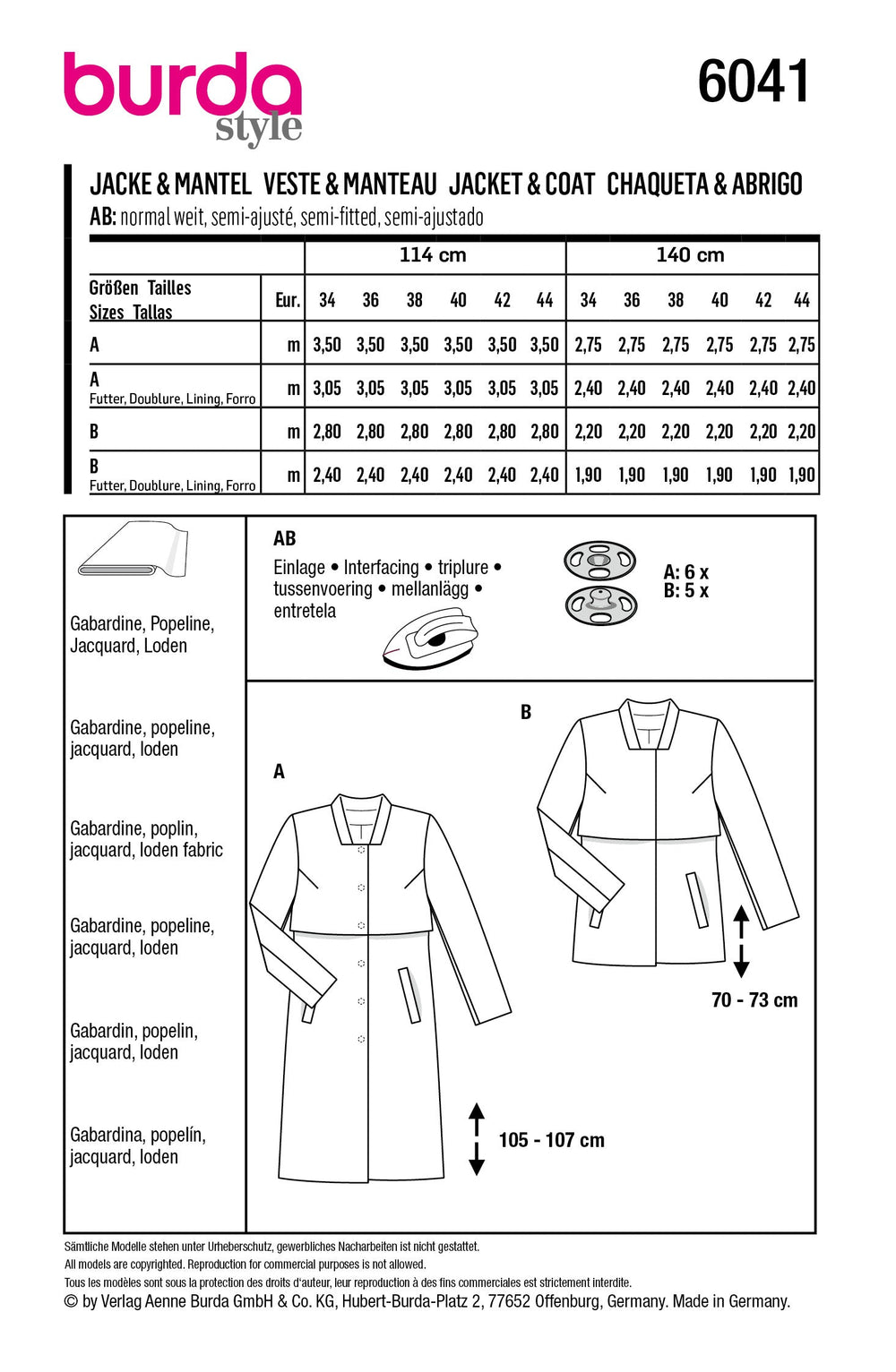 Burda Style Pattern 6041 Ladies Outerwear Coat / Jacket from Jaycotts Sewing Supplies
