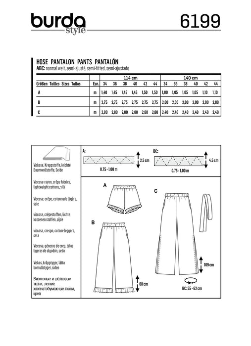 Burda Pattern 6199  Trousers / Pants / Shorts from Jaycotts Sewing Supplies