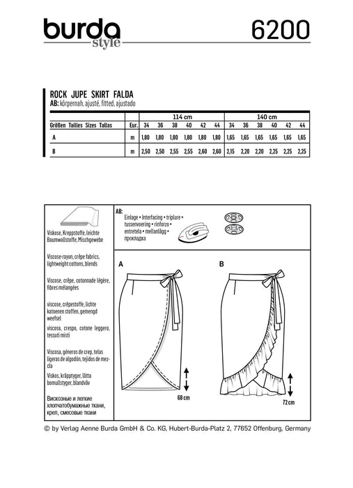 Burda Pattern 6200  Wrap Skirt with Waistband and Tie from Jaycotts Sewing Supplies