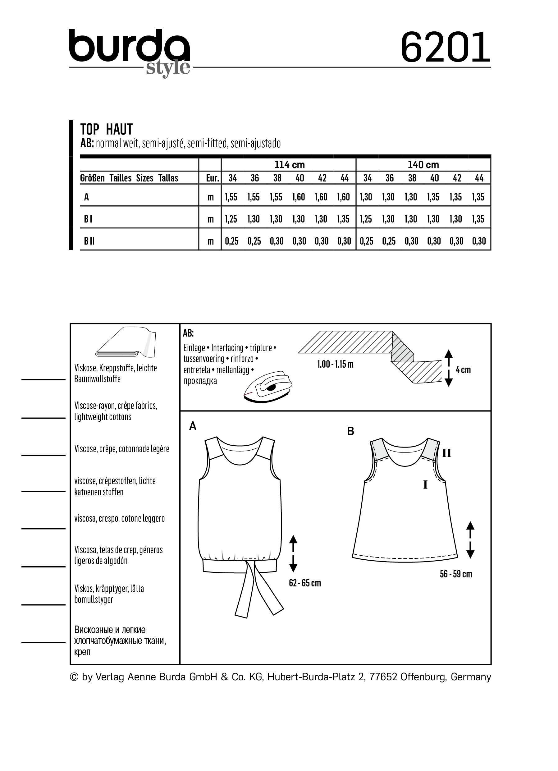 Burda Pattern 6201  Tank Top – Flared Form
 –  Waistband and Tie from Jaycotts Sewing Supplies