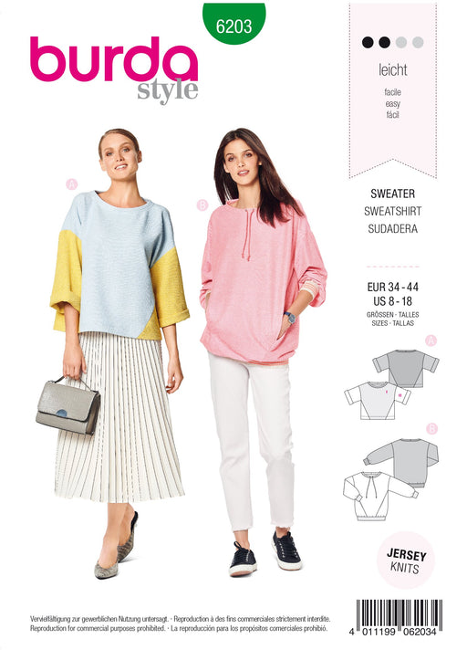 Burda Pattern 6203  Sweatshirt – T-Line – with Interesting Seam Lines from Jaycotts Sewing Supplies