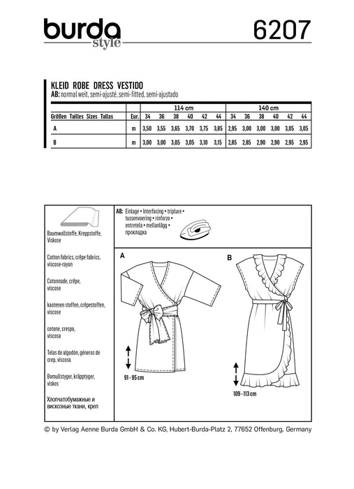 Burda Pattern 6207  Wrap Dress with Tie Bands – 
Hem and Neckline Flounces from Jaycotts Sewing Supplies