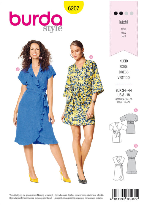 Burda Pattern 6207  Wrap Dress with Tie Bands – 
Hem and Neckline Flounces from Jaycotts Sewing Supplies