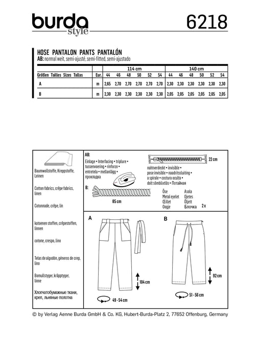 Burda Pattern 6218 Women's Trousers/Pants – Straight Leg – 
Patch Pockets from Jaycotts Sewing Supplies