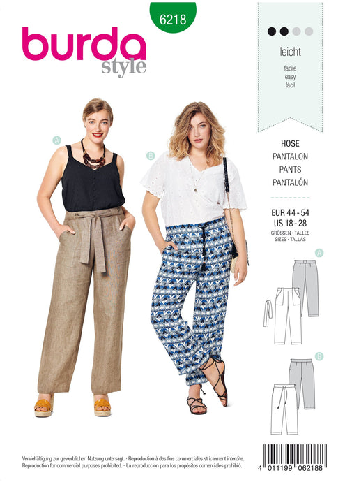 Burda Pattern 6218 Women's Trousers/Pants – Straight Leg – 
Patch Pockets from Jaycotts Sewing Supplies