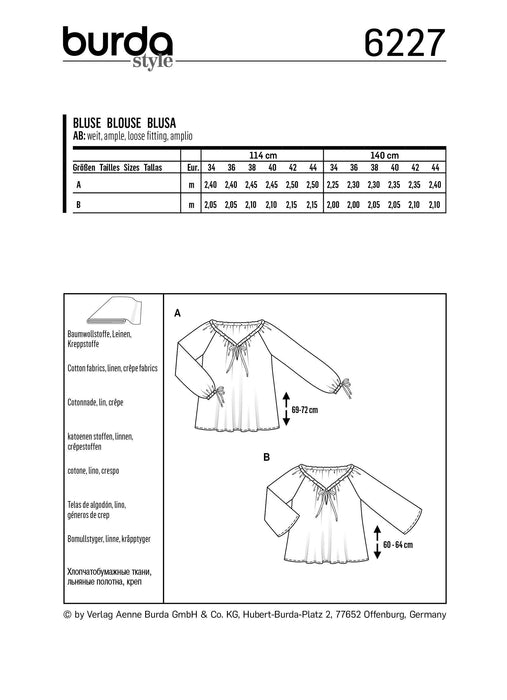 Burda Pattern 6227  Blouse – Carmen Blouse – 
Drawstring Neckline from Jaycotts Sewing Supplies