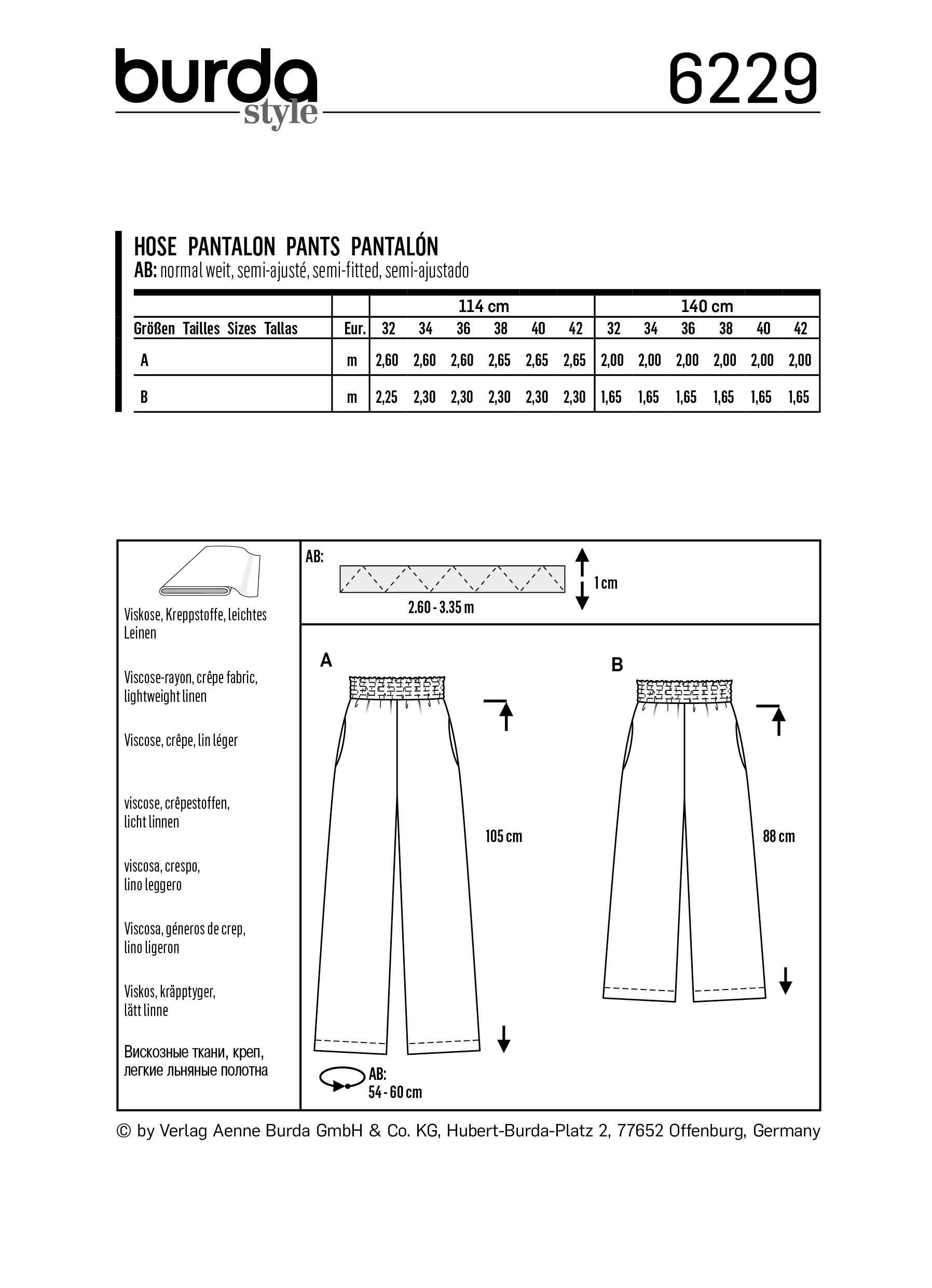 Burda Pattern 6229  Trousers/Pants with Elastic Waist with Pockets in Seams – Wide Leg from Jaycotts Sewing Supplies