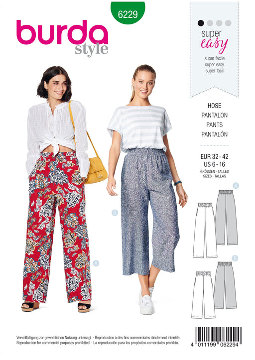 Burda Pattern 6229  Trousers/Pants with Elastic Waist with Pockets in Seams – Wide Leg from Jaycotts Sewing Supplies