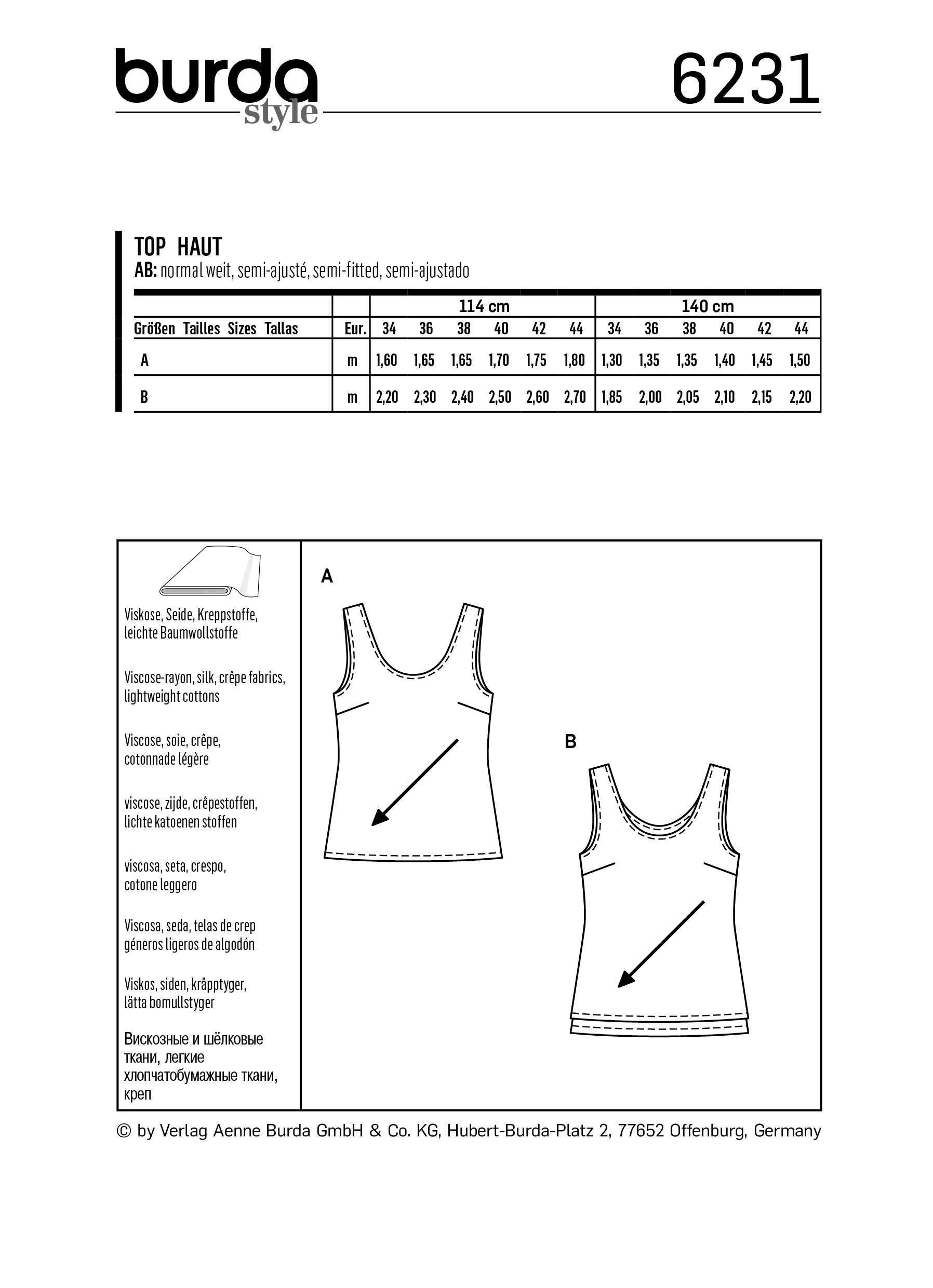 Burda Pattern 6231  Top with Rounded Neckline – 
Singe or Double Layer from Jaycotts Sewing Supplies