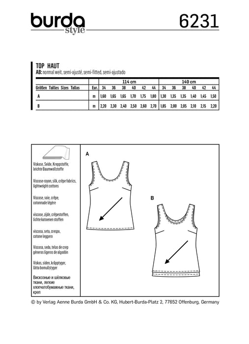 Burda Pattern 6231  Top with Rounded Neckline – 
Singe or Double Layer from Jaycotts Sewing Supplies