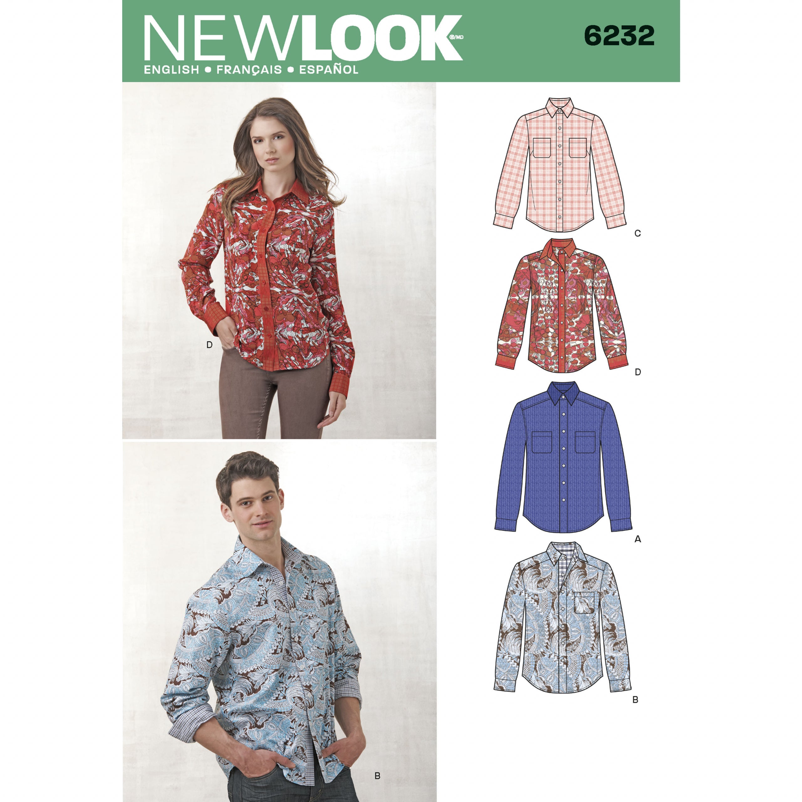 New Look 6232 Misses' and Men's Shirts sewing pattern from Jaycotts Sewing Supplies
