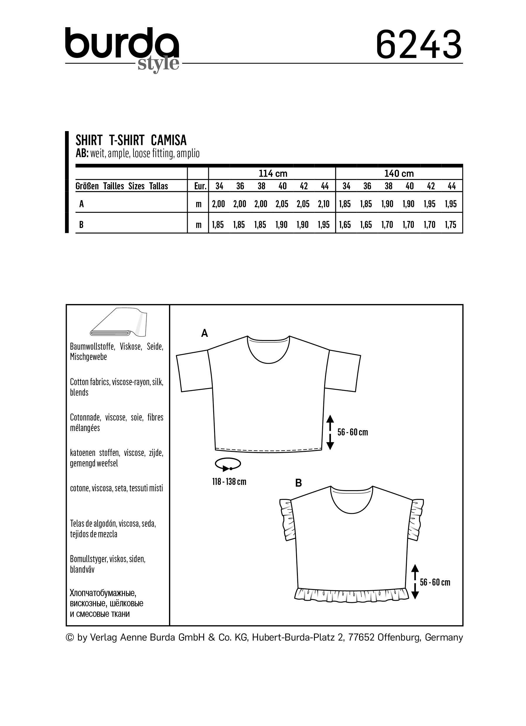 Burda Pattern 6243  Top – Round Neckline – 
Boxy Shape – Frills from Jaycotts Sewing Supplies