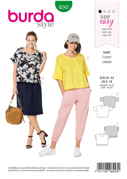 Burda Pattern 6243  Top – Round Neckline – 
Boxy Shape – Frills from Jaycotts Sewing Supplies