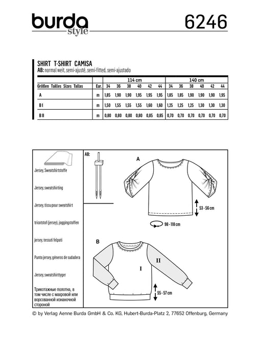 Burda Pattern 6246  Top – Sweatshirt – 
Round Neckline – 
Sleeves with a Twist from Jaycotts Sewing Supplies