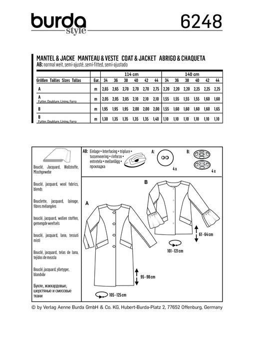 Burda Pattern 6248  Coat – Jacket – Collarless from Jaycotts Sewing Supplies