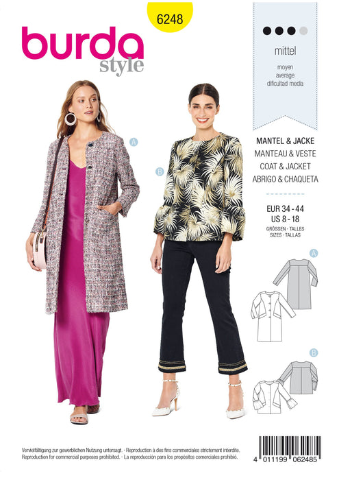 Burda Pattern 6248  Coat – Jacket – Collarless from Jaycotts Sewing Supplies