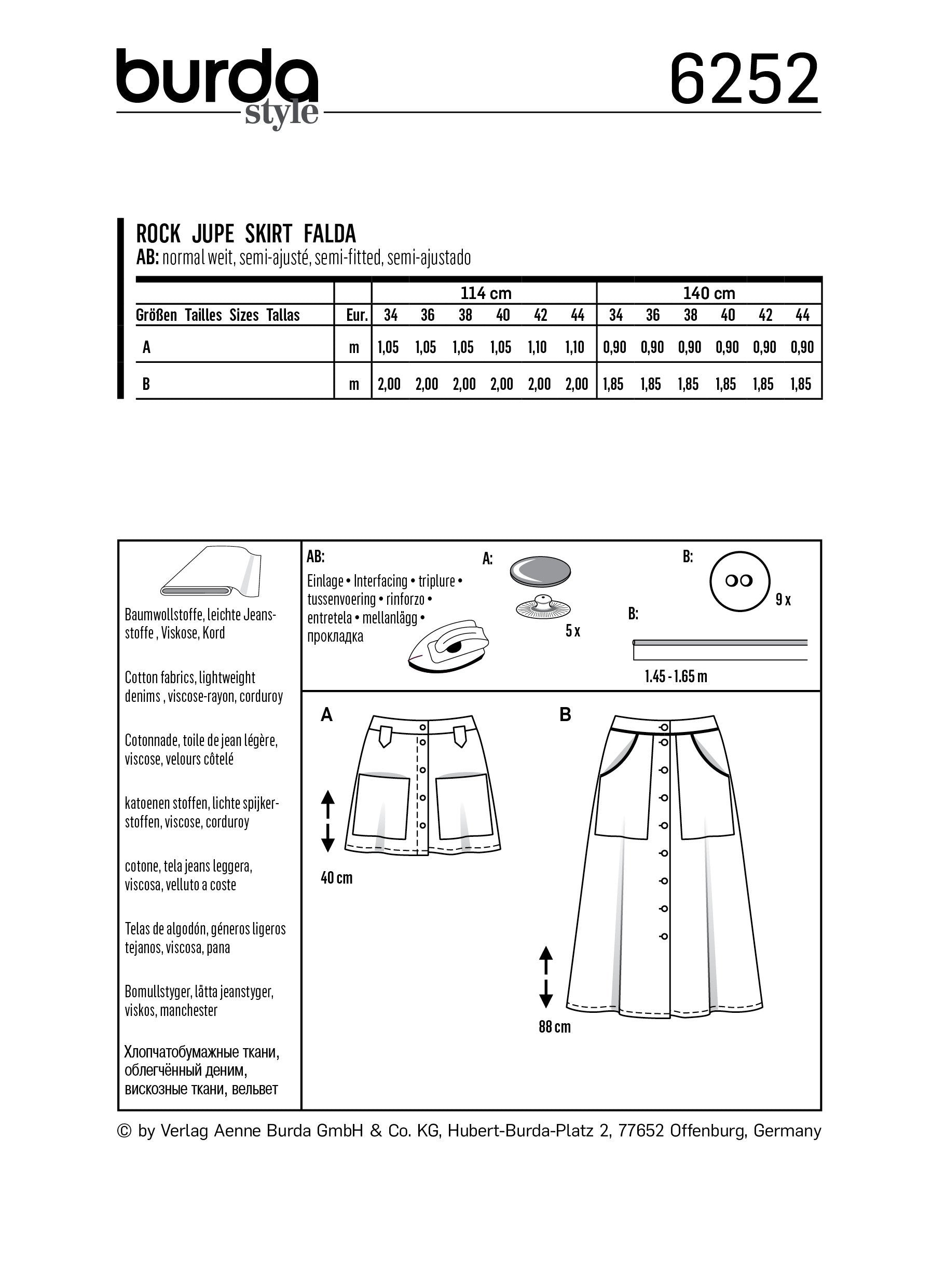 6252 Burda Sewing Pattern |   SKIRTS from Jaycotts Sewing Supplies