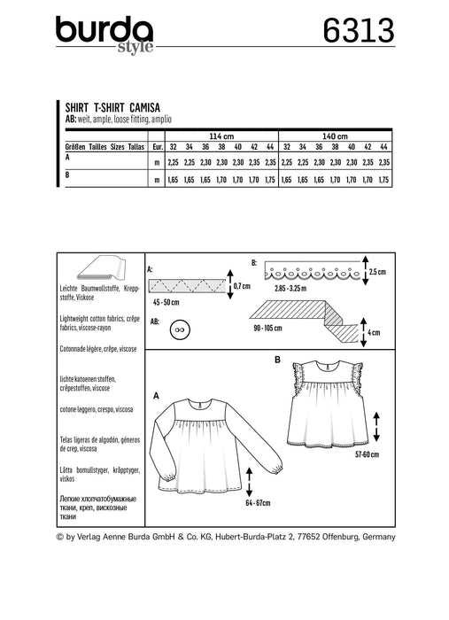 BD6313 Babydoll top sewing pattern from Jaycotts Sewing Supplies