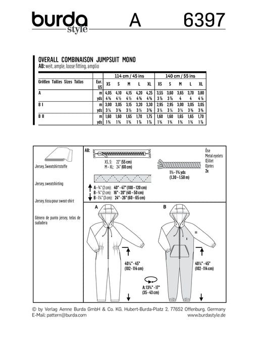 BD6397 Unisex Hooded Jumpsuit Pattern from Jaycotts Sewing Supplies