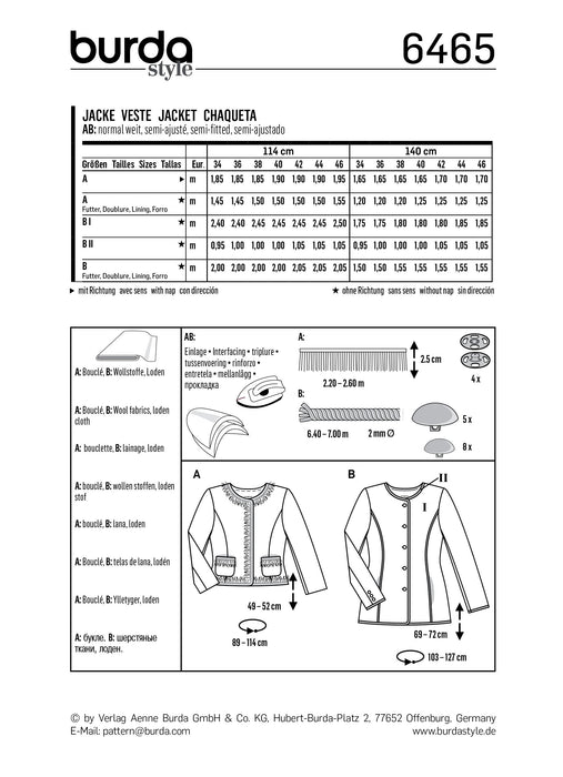 BD6465 Women’s Collarless Jacket | Burda Style Pattern from Jaycotts Sewing Supplies