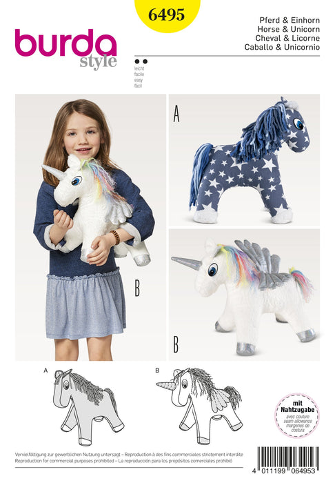 Burda 6495 Stuffed Animal sewing pattern Horse and Unicorn jaycotts Sewing Supplies