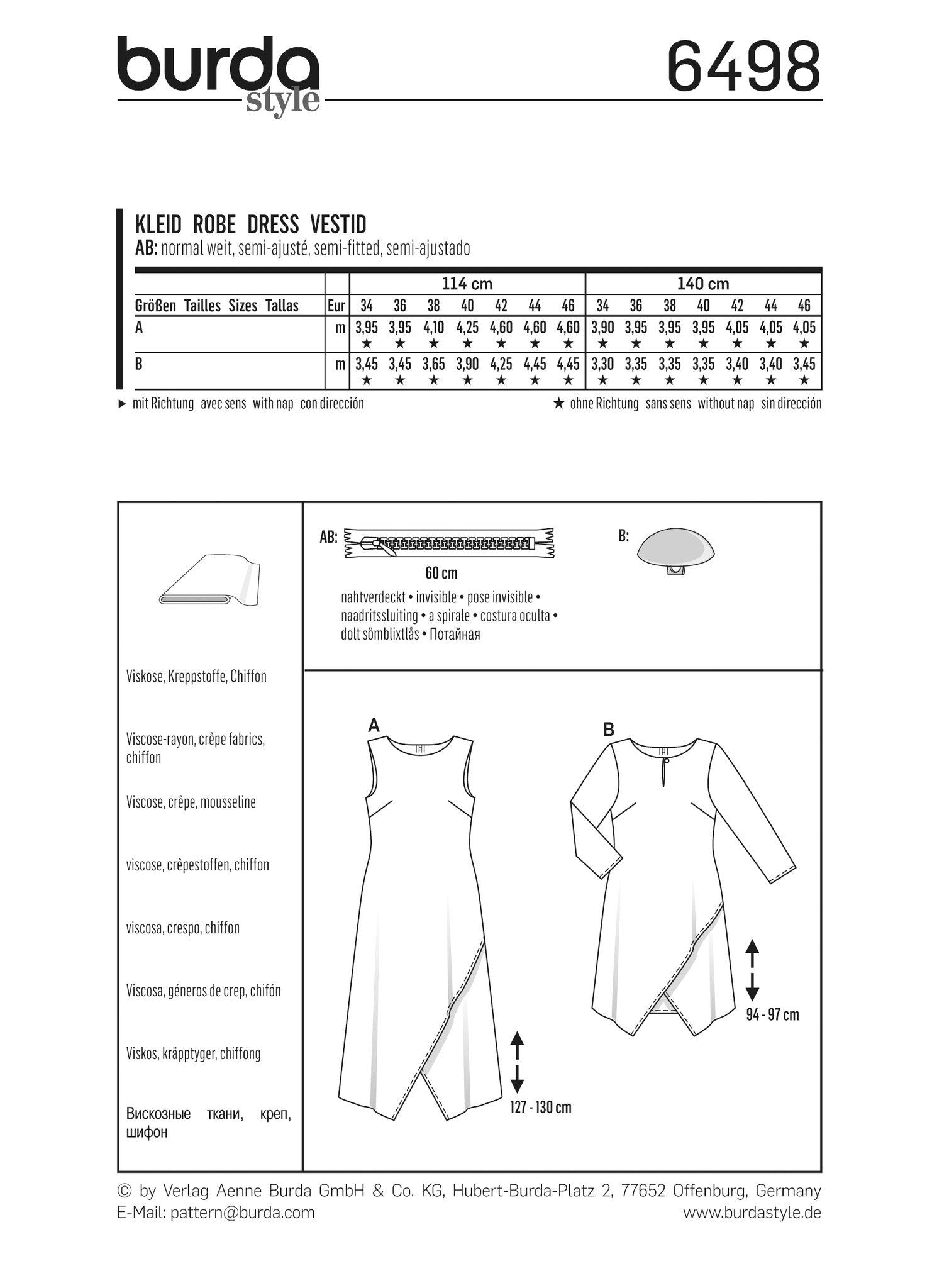 Burda Style Pattern BD6498 Misses’ Two Layered Dress from Jaycotts Sewing Supplies
